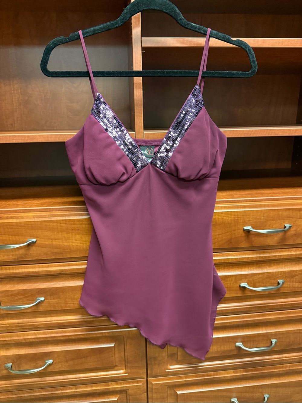 Studio Y Burgundy with Sequin V-Neck Sleeveless Blouse